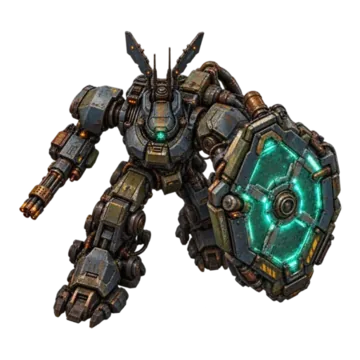 Aegis Revenant, a shielded duelist boss machine
