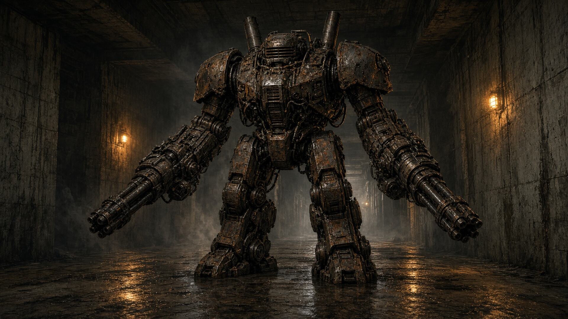 A rusted dieselpunk war machine standing in a flooded concrete bunker corridor