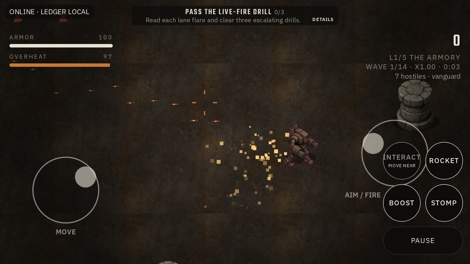 Combat in The Armory with touch twin-stick controls, armor and overheat bars